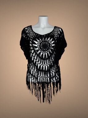 Women's Black Crochet Top, Hollow-Out Knit Design, Size Small